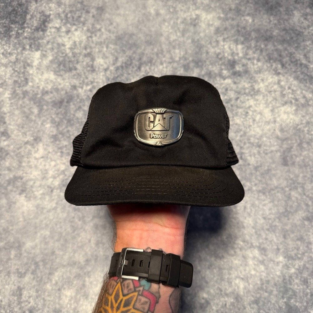 VTG CAT Power Caterpillar Mesh Trucker Hat Black Metal Logo Snapback USA Made